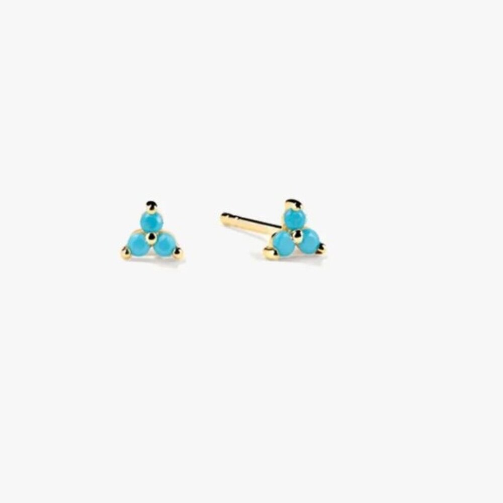 Turquoise Trio Stud Earrings December Birthstone Gold Cluster Dainty Studs - Picture 2 of 15